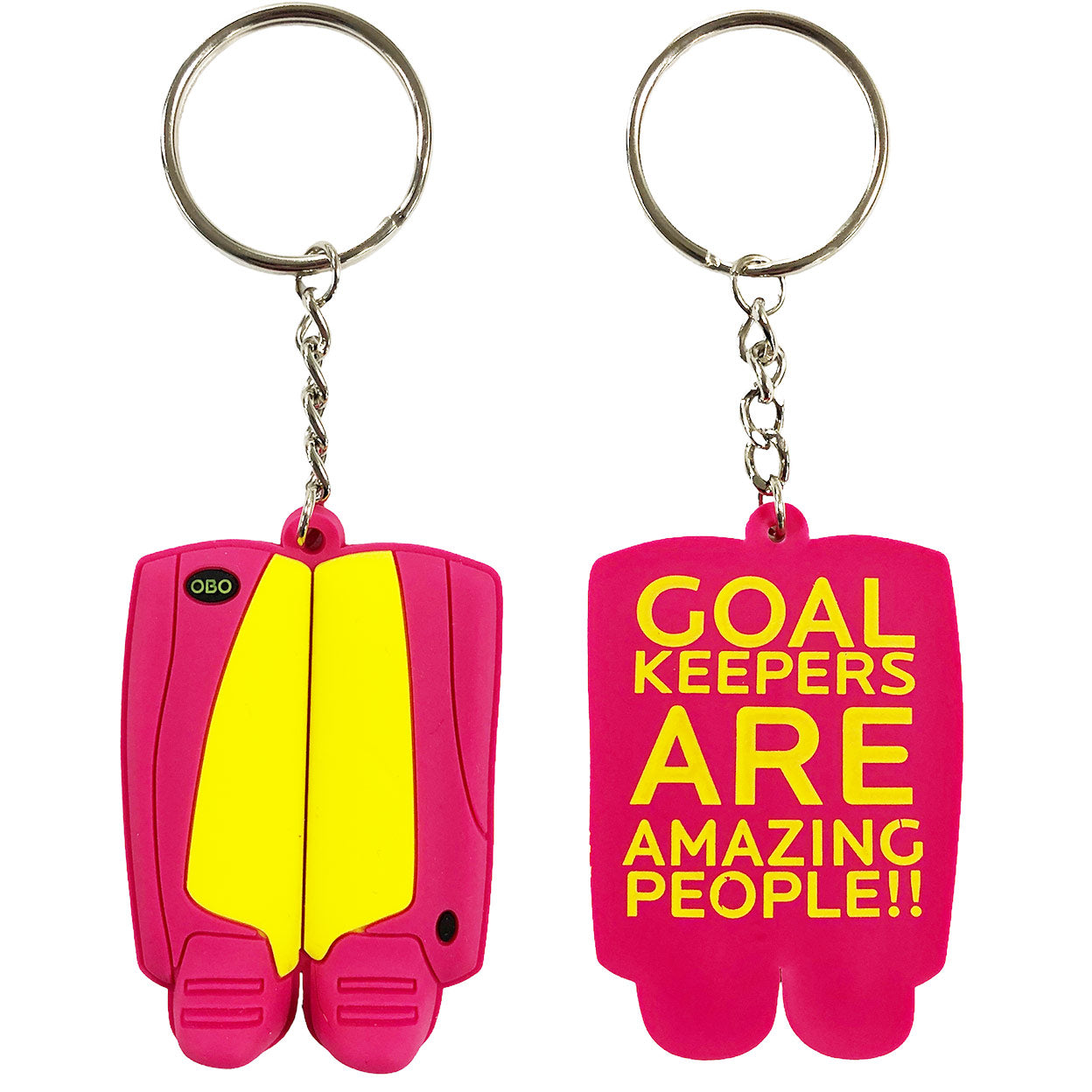 front and back of the pink and yellow OBO Mini Legguards Keychain