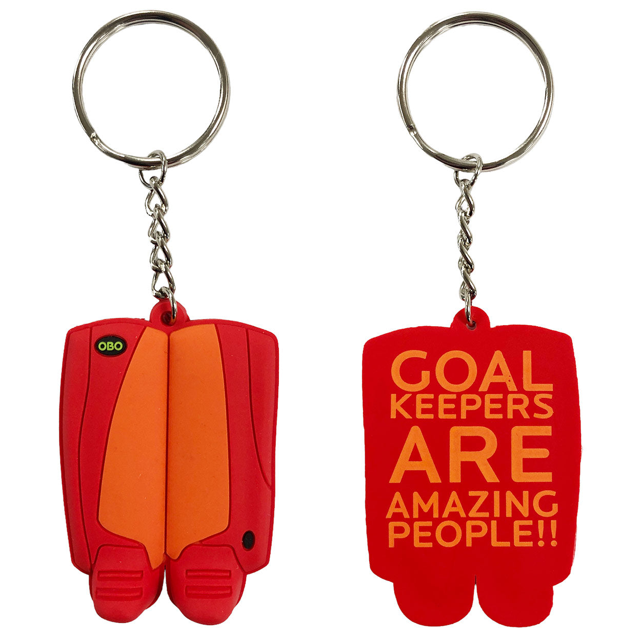 front and back of thered and orangeOBO Mini Legguards Keychain