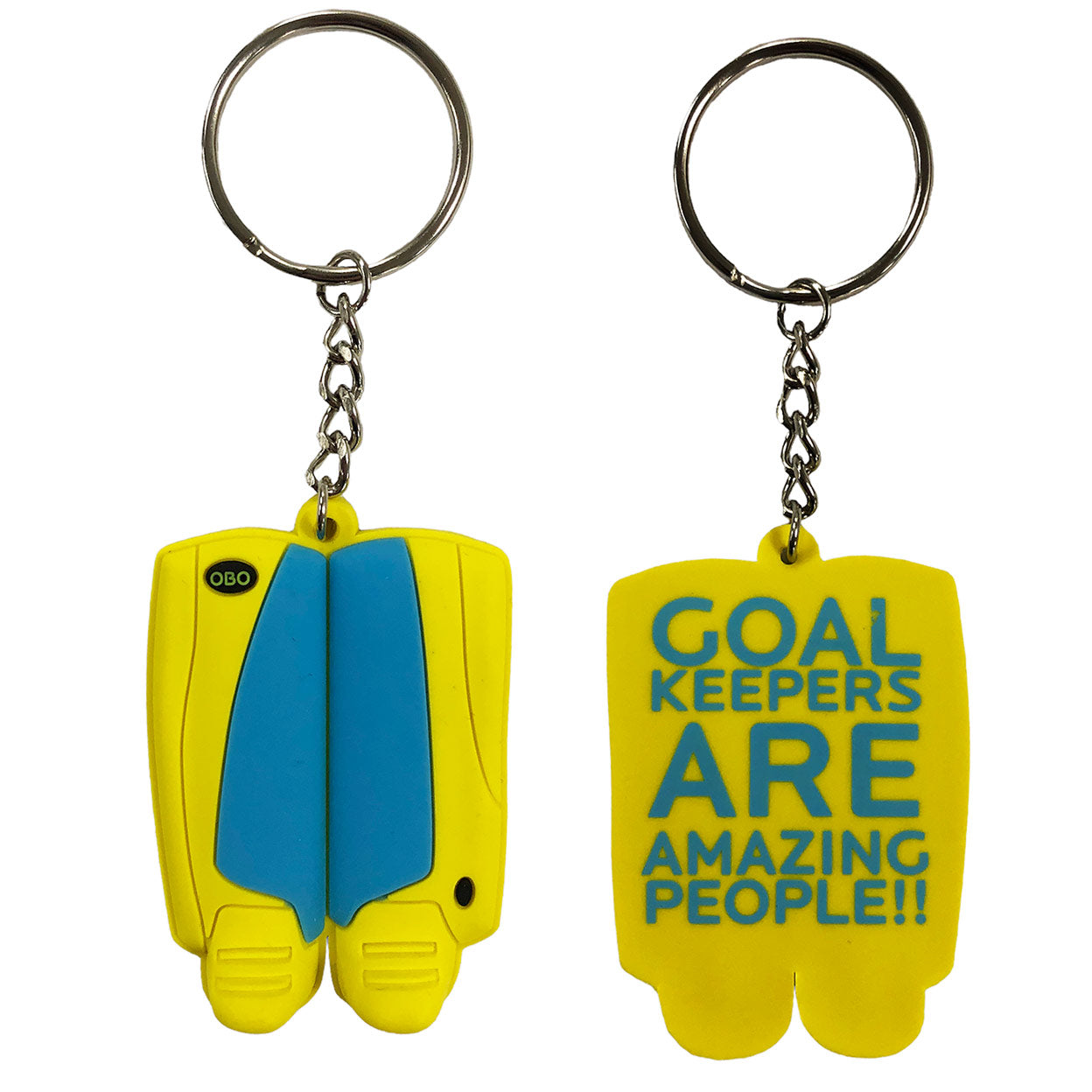 front and back of the yellow and blue OBO Mini Legguards Keychain