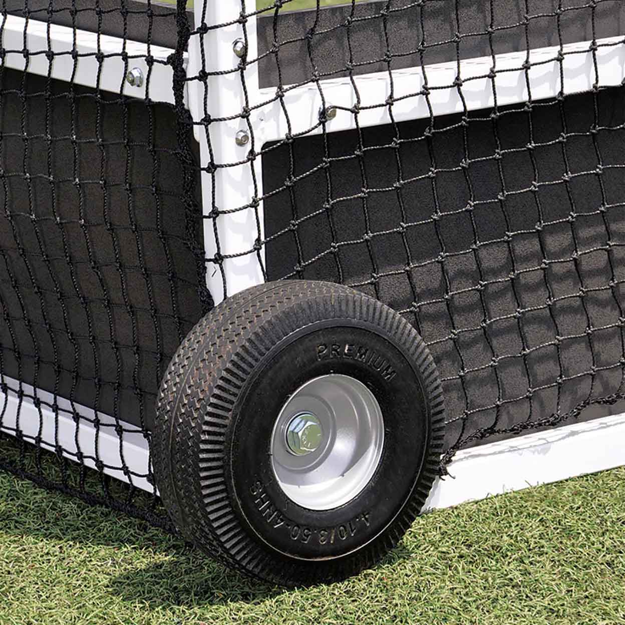 close up of the wheels of the Jaypro Official Aluminum Field Hockey Goal