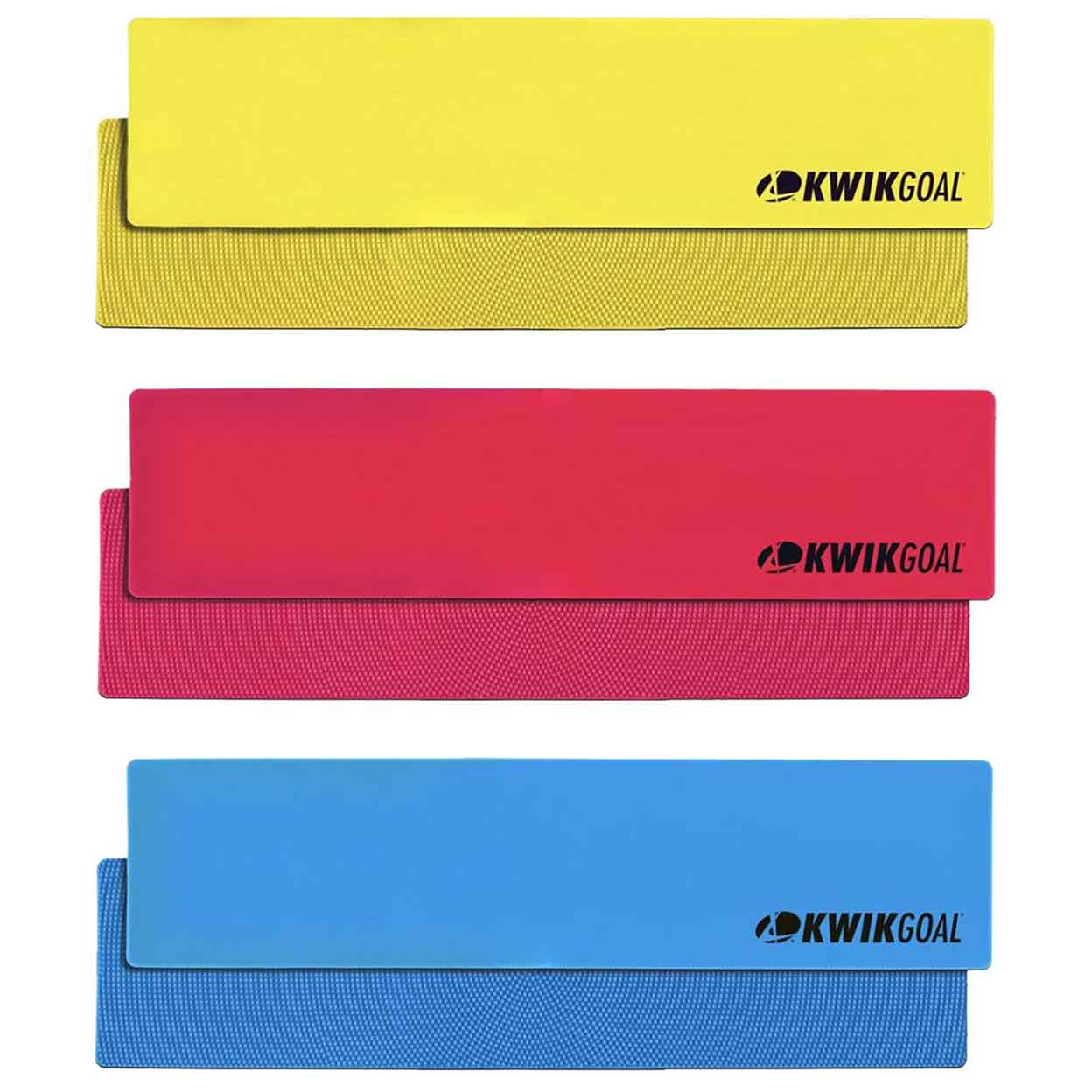 showing three colors of Kwikgoal Flat Rectangle Markers yellow, red, and blue