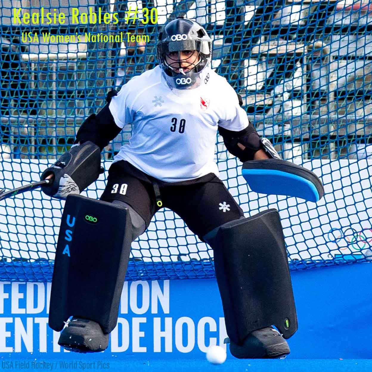 Goalie Kealsie Robles in OBO Robo Plus Legguards