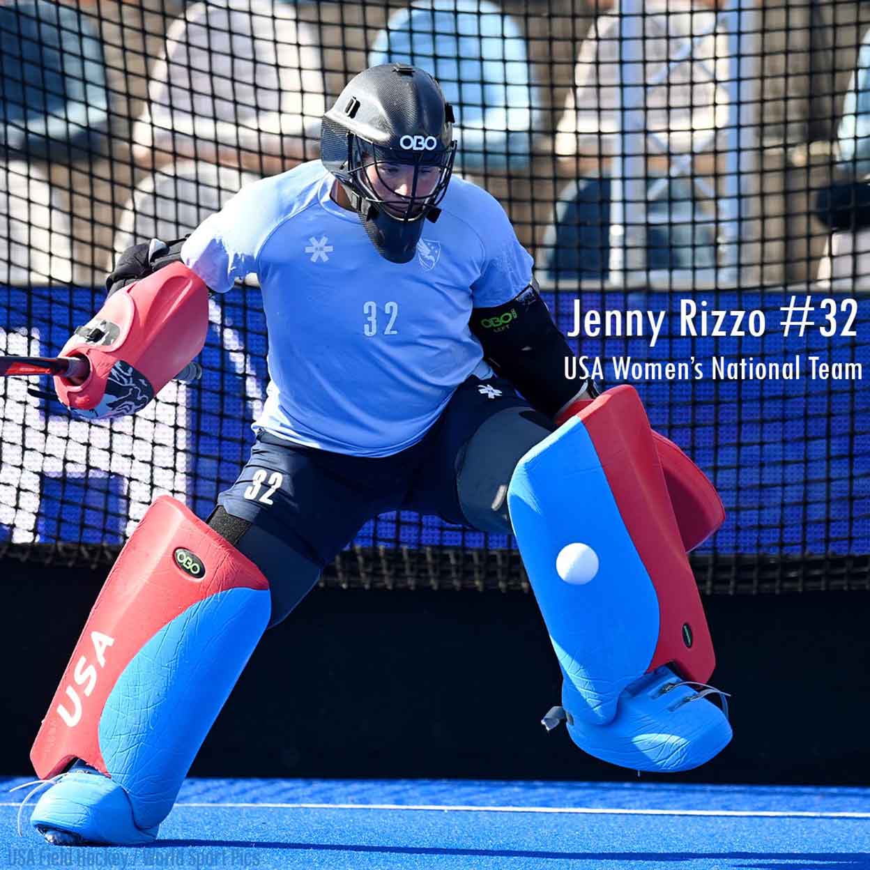 USA National team goalie wearing OBO Robo Hi-Rebound Field Hockey Goalkeeping Legguards