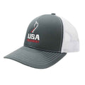 angled view of a dark gray and white USA Field Hockey Trucker Snapback Hat