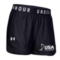 Frons of the navy USA Under Armour Ladies Play Up Shorts.