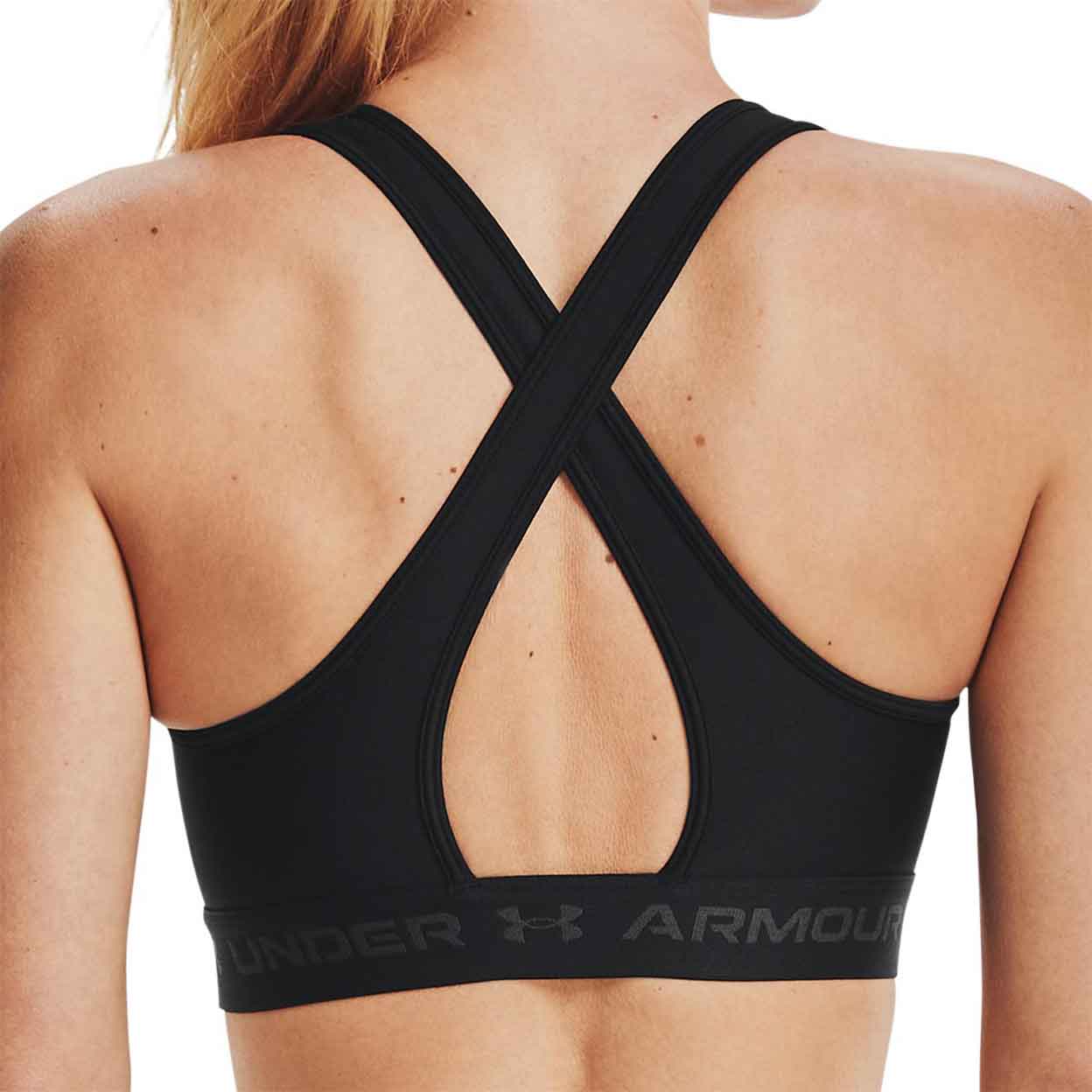 Back of a model wearing the black Under Armour Crossback Mid Bra.